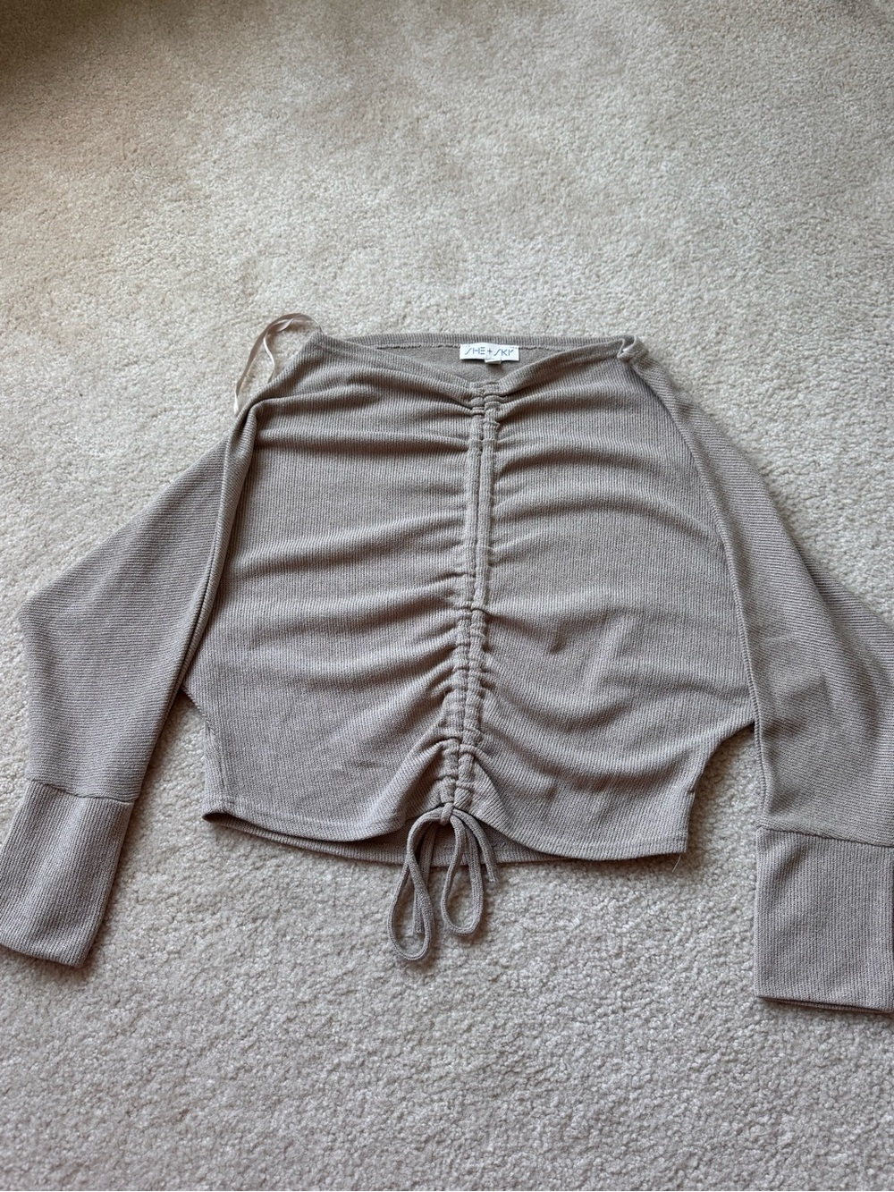 She + Sky Taupe Ruched Drawstring Off-Shoulder Sweater